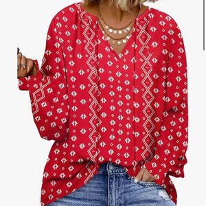 Eytino Womens Plus Size 4X Boho Blouse Red Print V Neck Long Sleeve Top NEW
